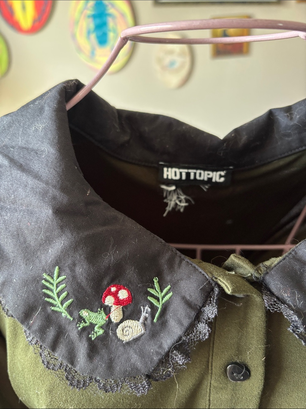 Hot Topic Olive Green Midi Dress with Black Embroidered Collar - Picture 3 of 3